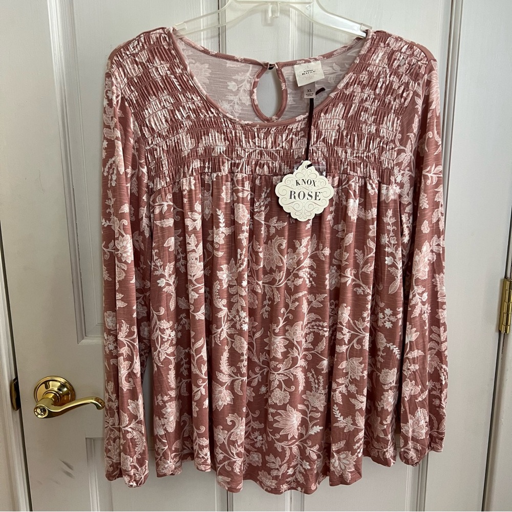 Knox Rose Mauve Floral Smocked Yoke Long Sleeve Top